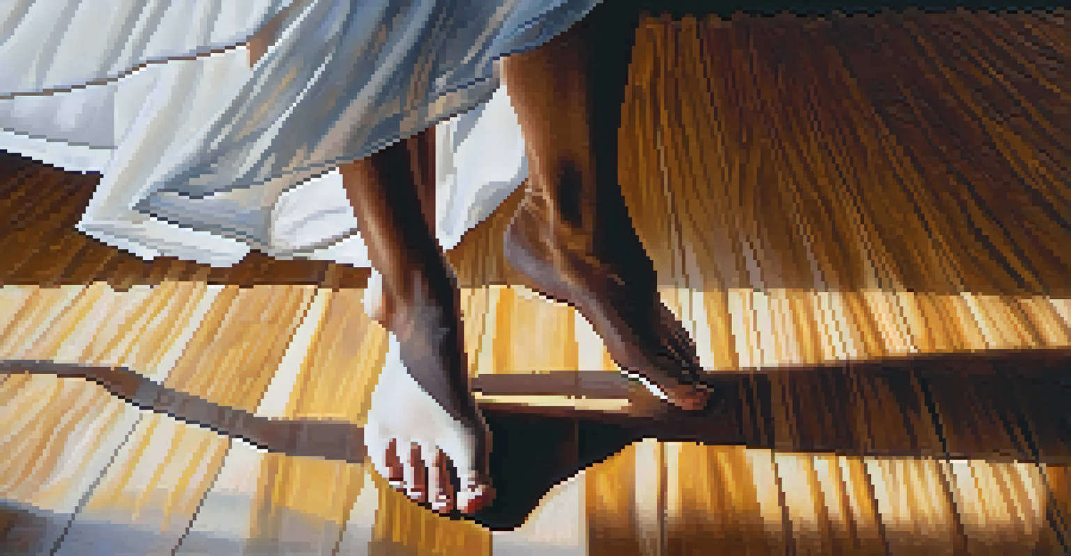 A close-up view of a dancer's feet gracefully positioned on a wooden floor, highlighting the texture of the surface and the elegance of the movement.