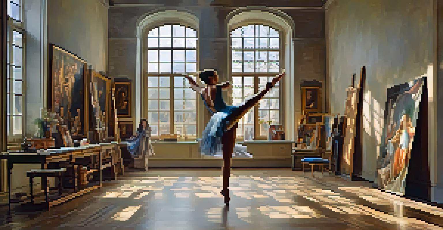An artist's studio in the Renaissance with a painter capturing a dancer in motion, surrounded by sculptures and natural light.