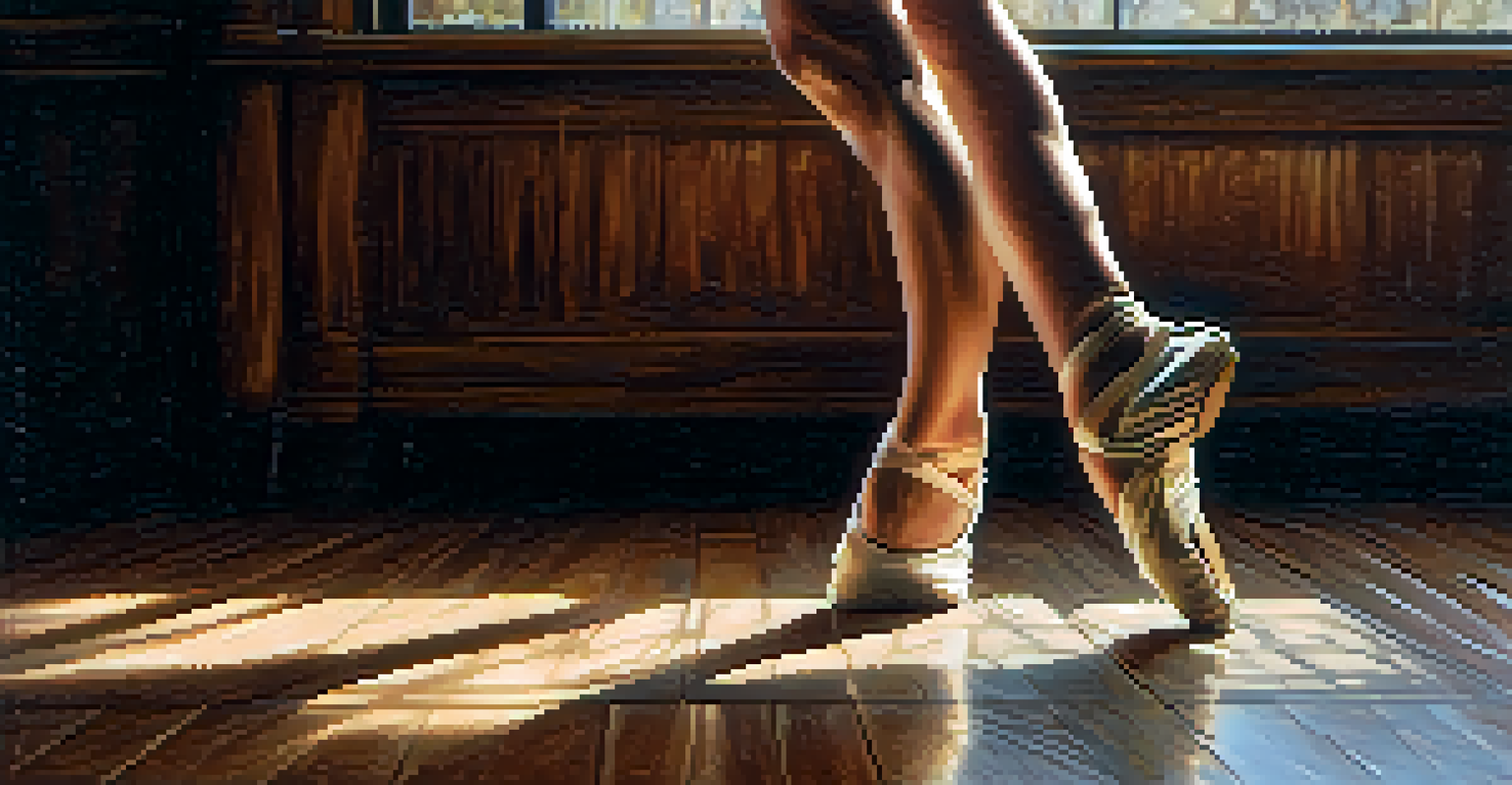 A close-up of a dancer's feet moving gracefully on a wooden floor, emphasizing the connection of movement.