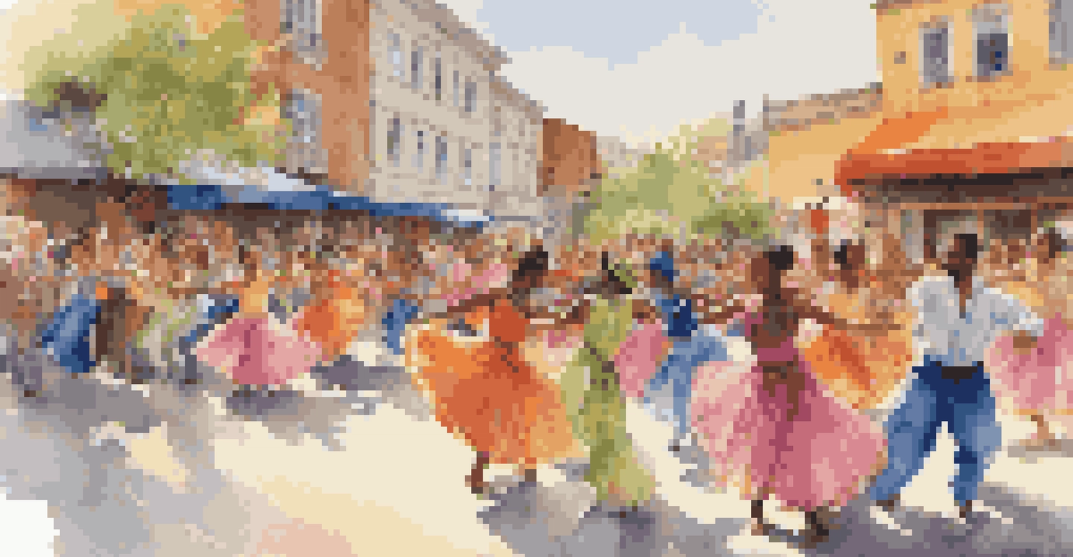 Dancers performing in a sunny outdoor setting with an engaged audience, showcasing a variety of dance styles in colorful attire.