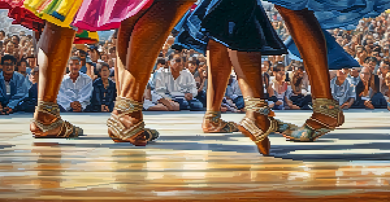 A close-up view of a dancer's feet in traditional footwear, captured mid-movement, with blurred dancers in the background, highlighting the energy of the dance festival.