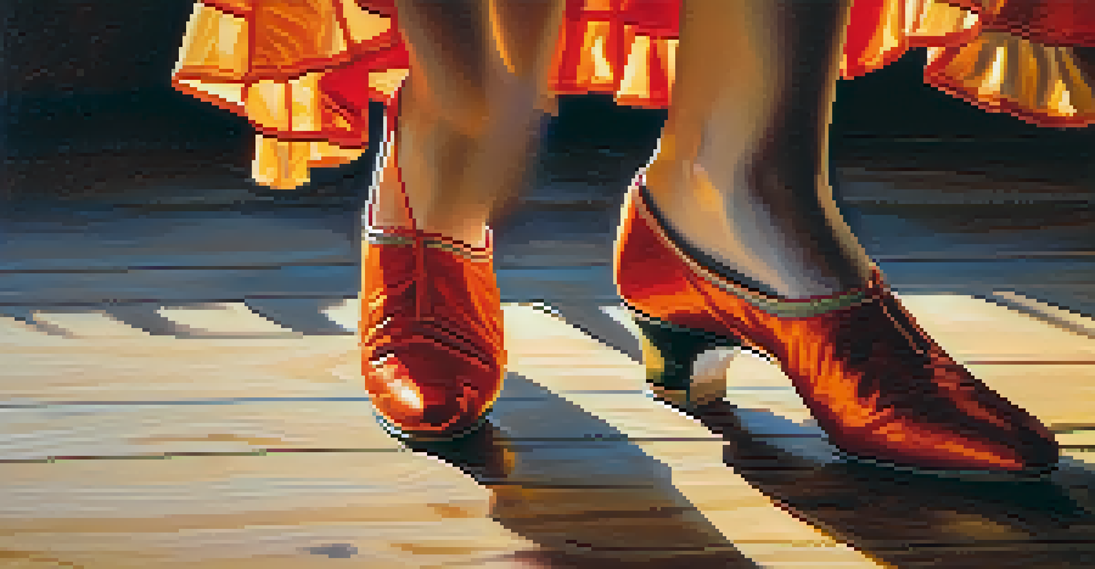 Close-up of a Flamenco dancer's feet in traditional shoes on a wooden stage, with a blurred background and warm lighting.