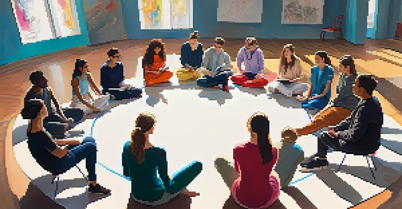 Dancers engaged in a brainstorming session, sharing ideas and sketches in a colorful room.