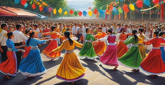 A lively folk dance festival with dancers in colorful traditional costumes and an engaged audience, set in a brightly decorated outdoor space.