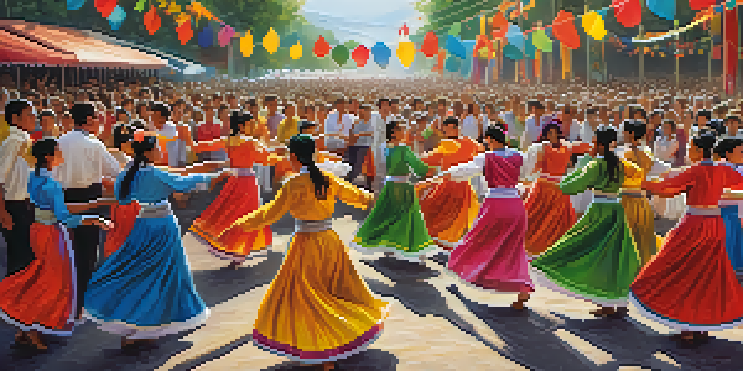 A lively folk dance festival with dancers in colorful traditional costumes and an engaged audience, set in a brightly decorated outdoor space.