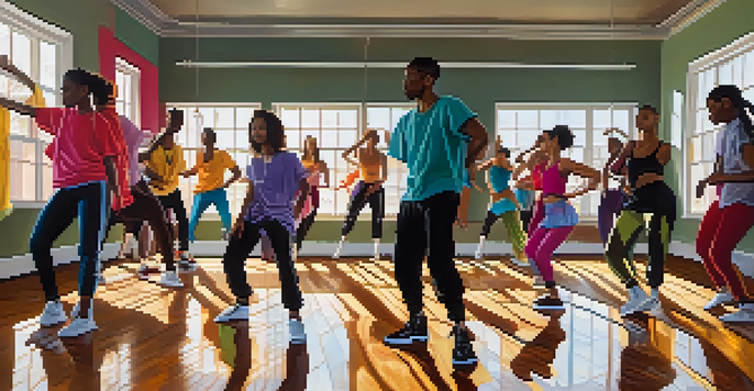 A diverse group of dancers practicing in a bright dance studio, showcasing hip-hop and contemporary styles, with sunlight creating shadows on the wooden floor.