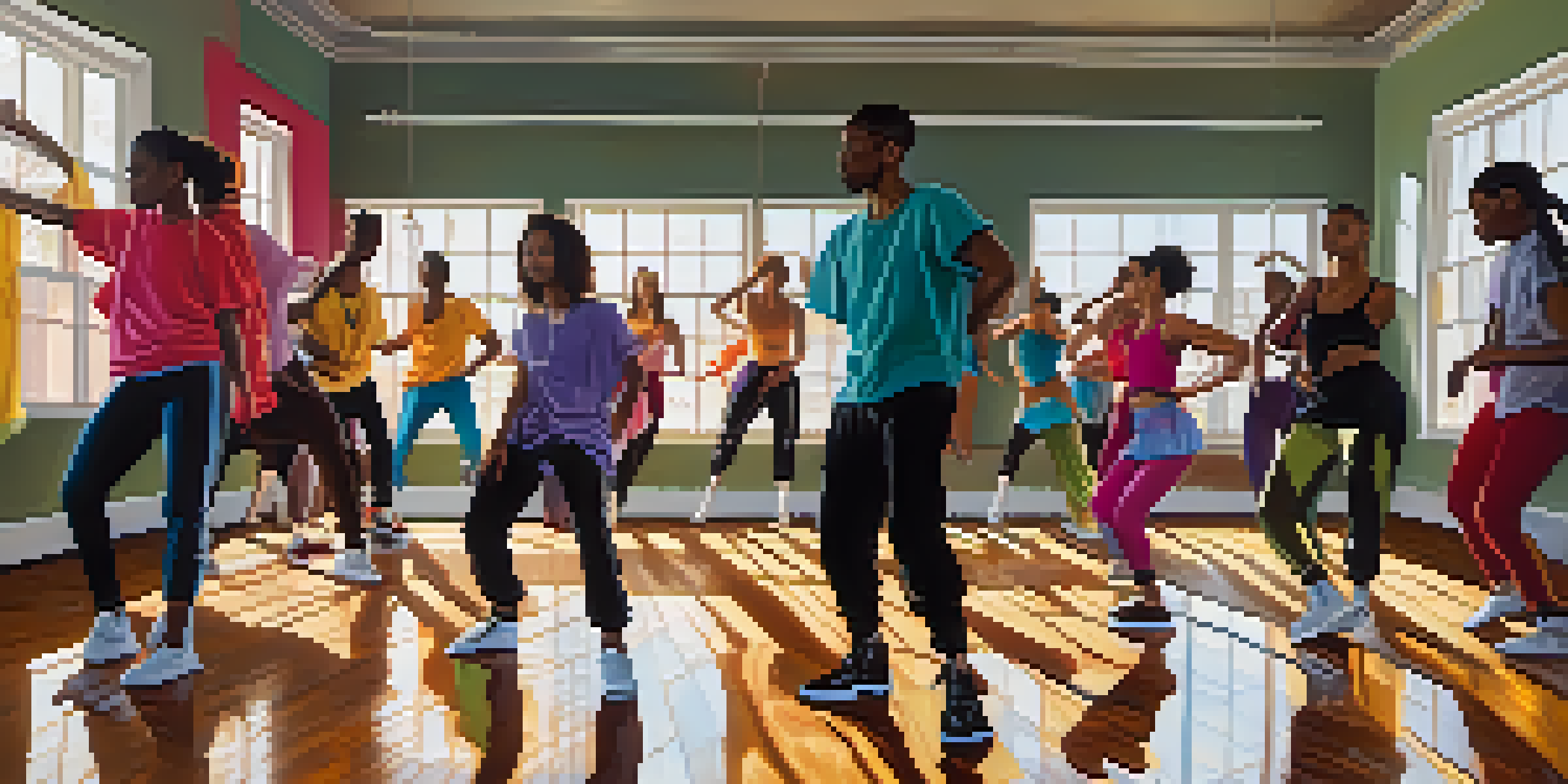 A diverse group of dancers practicing in a bright dance studio, showcasing hip-hop and contemporary styles, with sunlight creating shadows on the wooden floor.