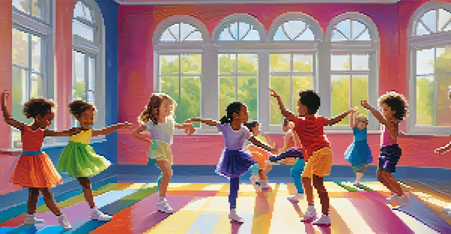 A dance class for young children with an instructor demonstrating moves in a colorful studio filled with light and energetic vibes.