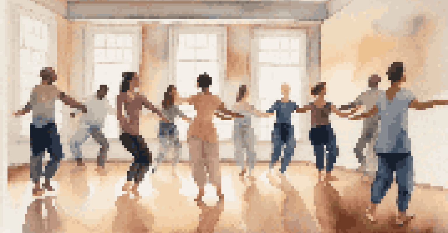 A calming dance therapy session with participants expressing emotions through movement in a serene setting.