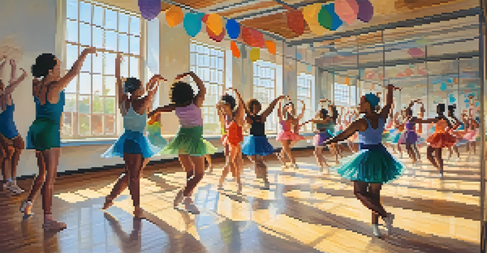 A lively dance class featuring individuals of various body types dancing together in a bright studio, celebrating diversity and community.