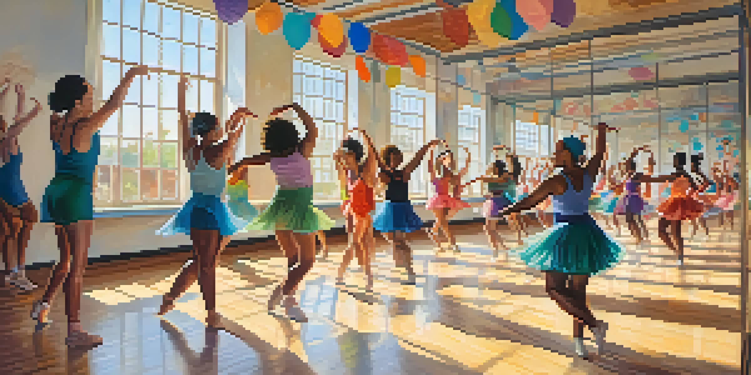 A lively dance class featuring individuals of various body types dancing together in a bright studio, celebrating diversity and community.