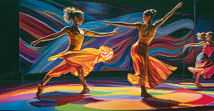 A lively dance performance with dancers in colorful costumes, surrounded by bright projections that enhance their movement.
