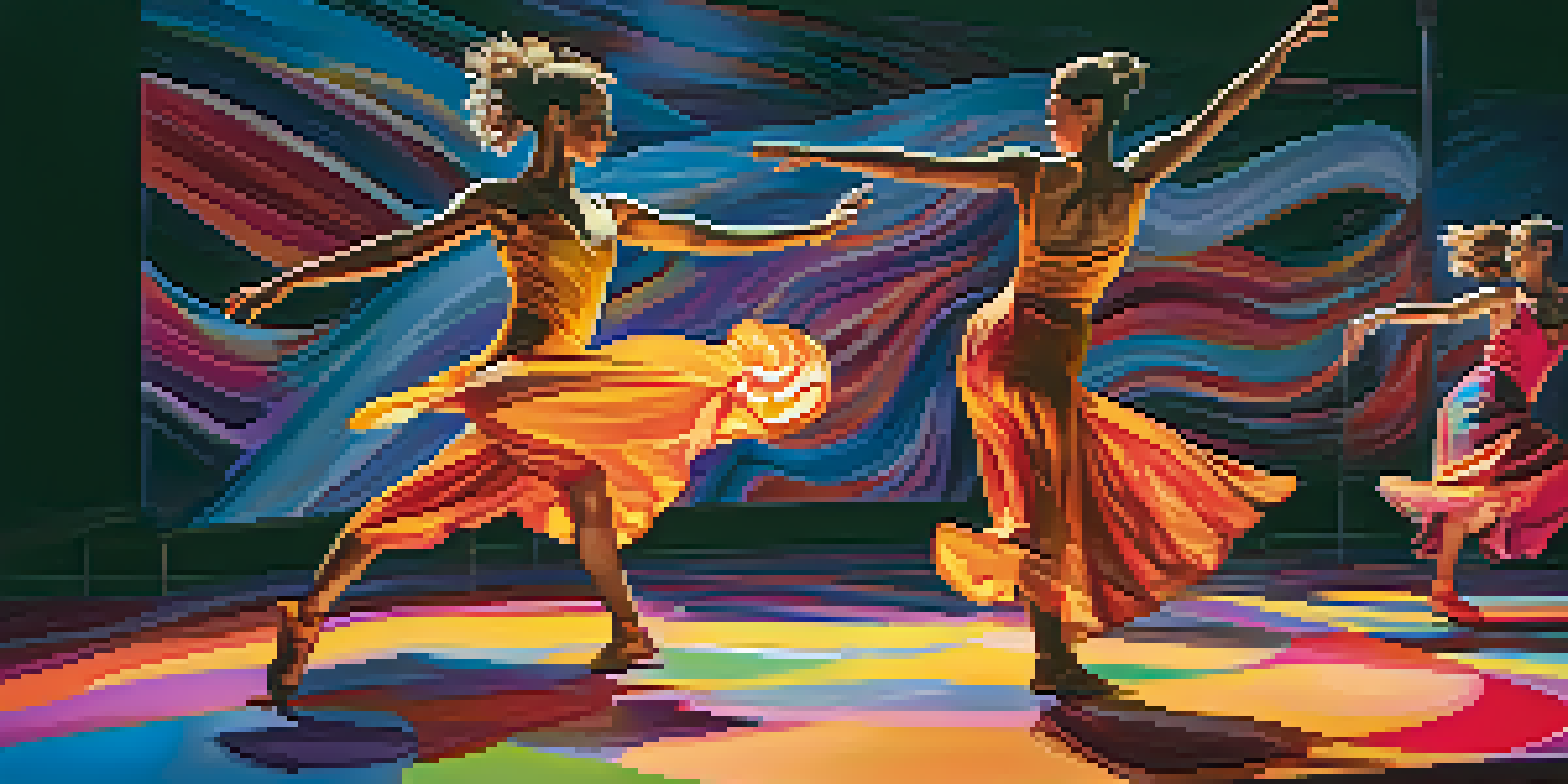 A lively dance performance with dancers in colorful costumes, surrounded by bright projections that enhance their movement.