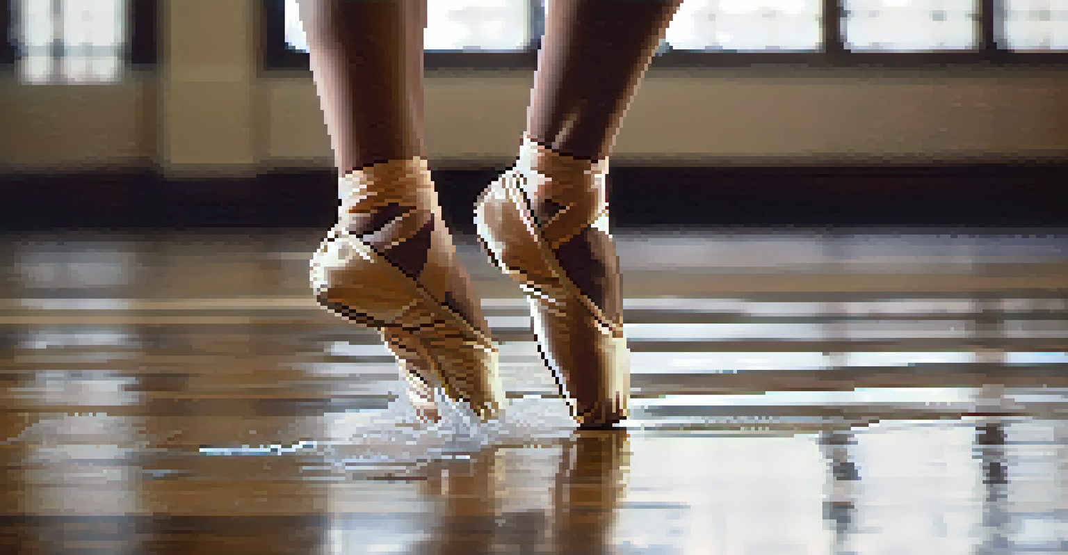 A close-up of a dancer's feet moving gracefully on a polished wooden floor, with flowing fabric swirling around.