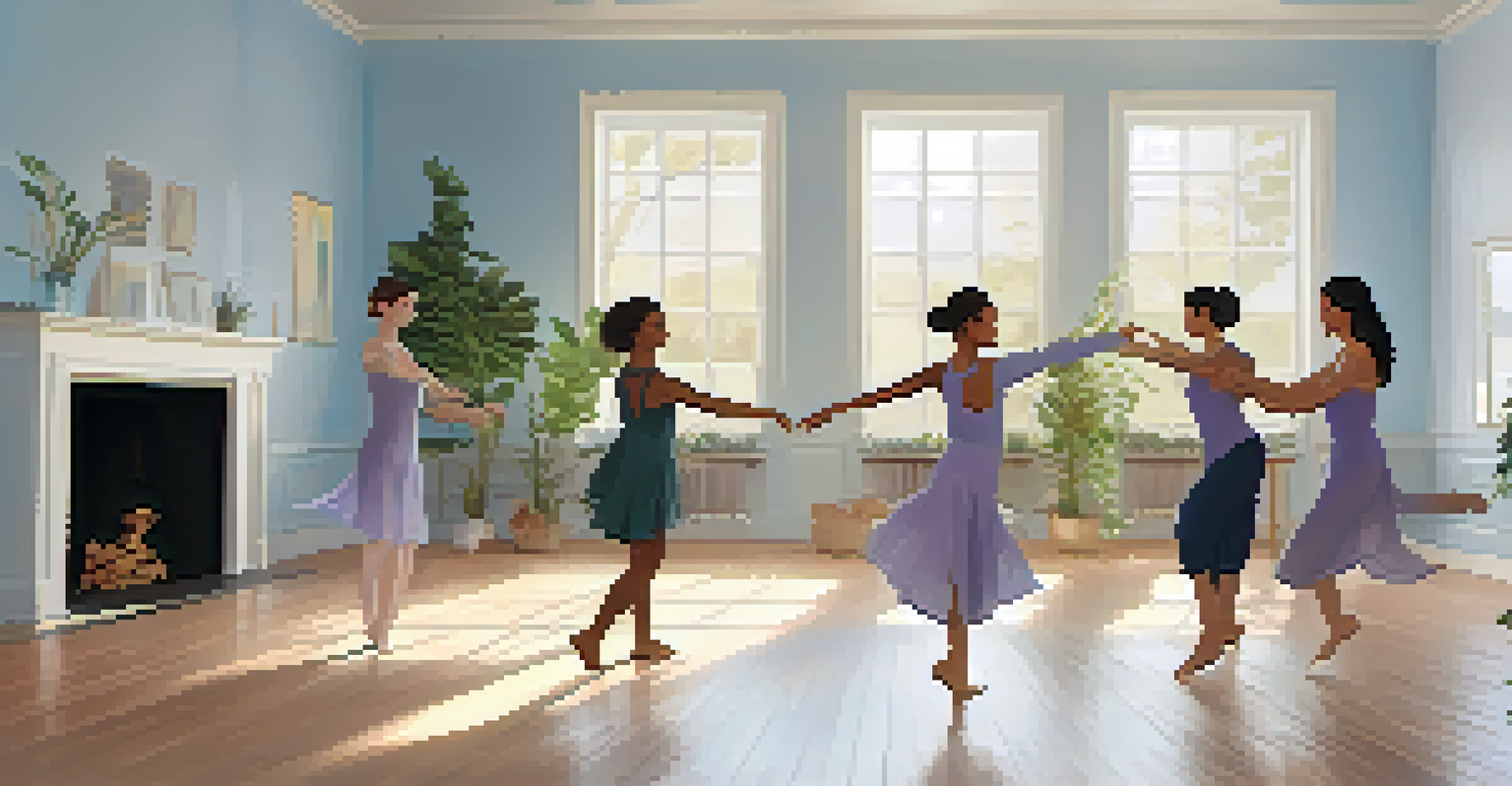Participants in a dance therapy session expressing emotions through movement in a calming, softly lit room with plants.