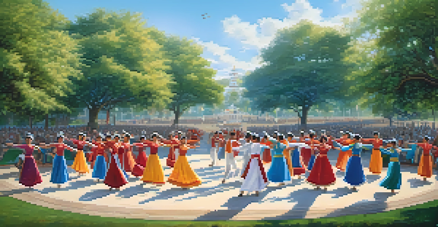 Students performing a cultural dance outdoors in traditional costumes, surrounded by an audience in a scenic park.