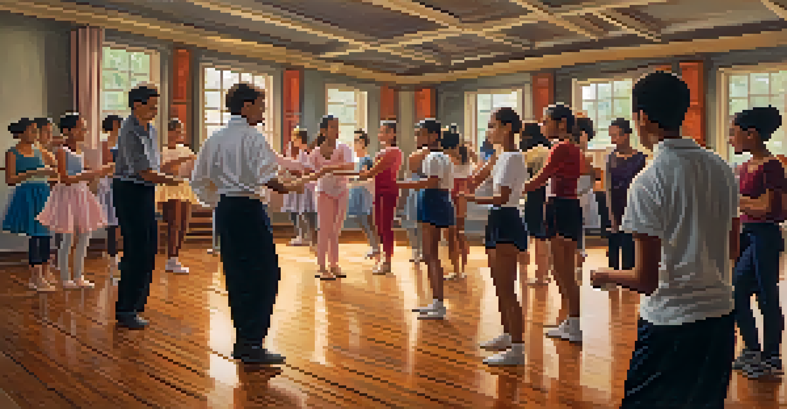 A dance instructor teaching a traditional dance move to a diverse group of students in a warmly lit dance studio.