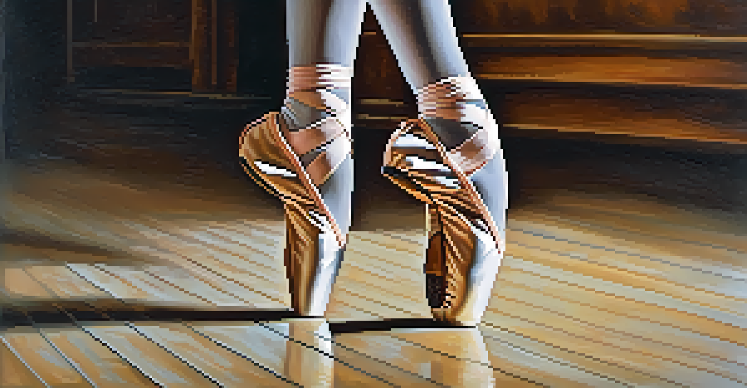 A close-up of a dancer's feet in ballet shoes moving on a wooden stage, with soft lighting highlighting the movement.