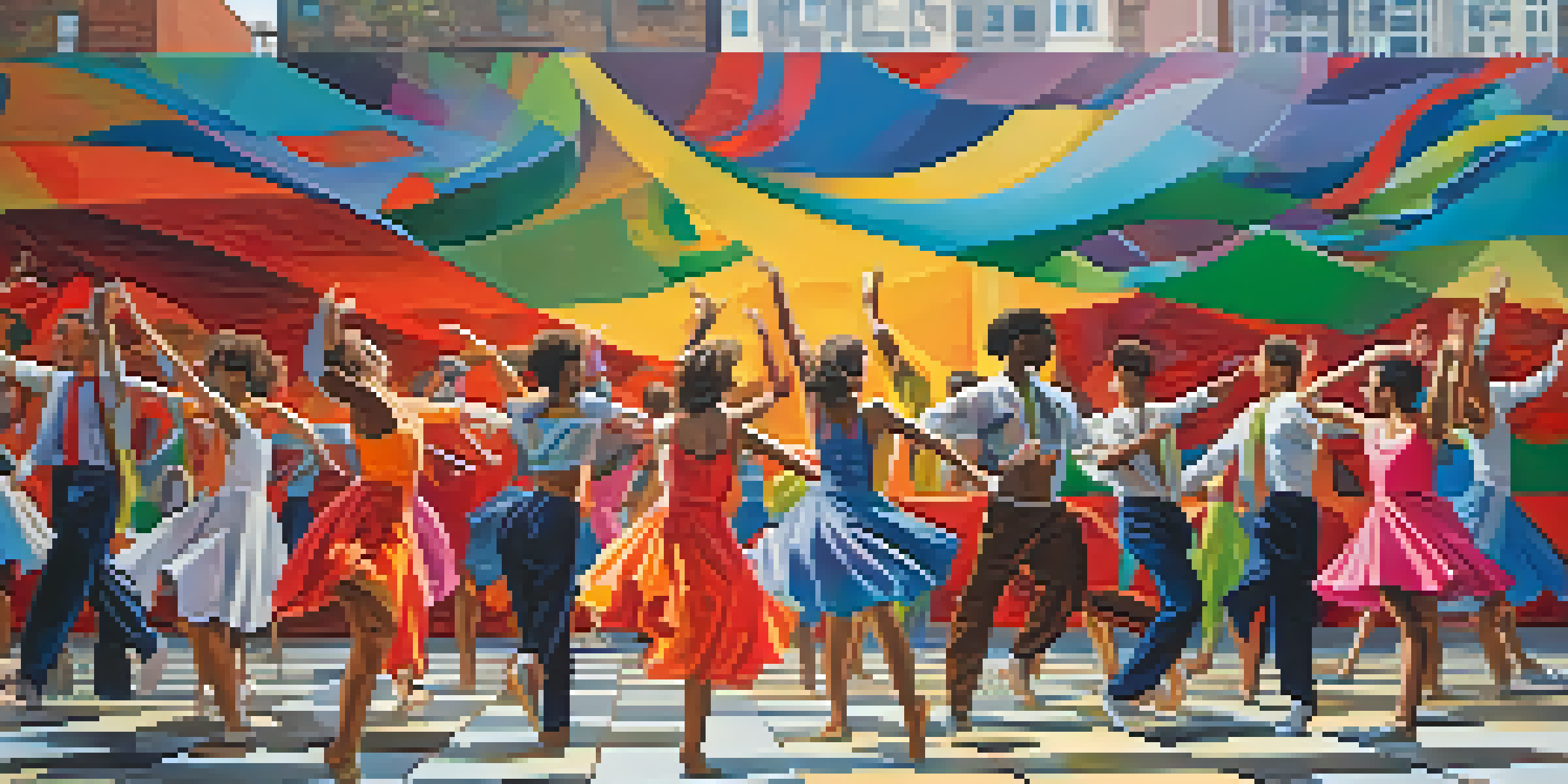 Dancers performing in front of a large, colorful mural that reflects social themes, conveying powerful emotions through their movements.