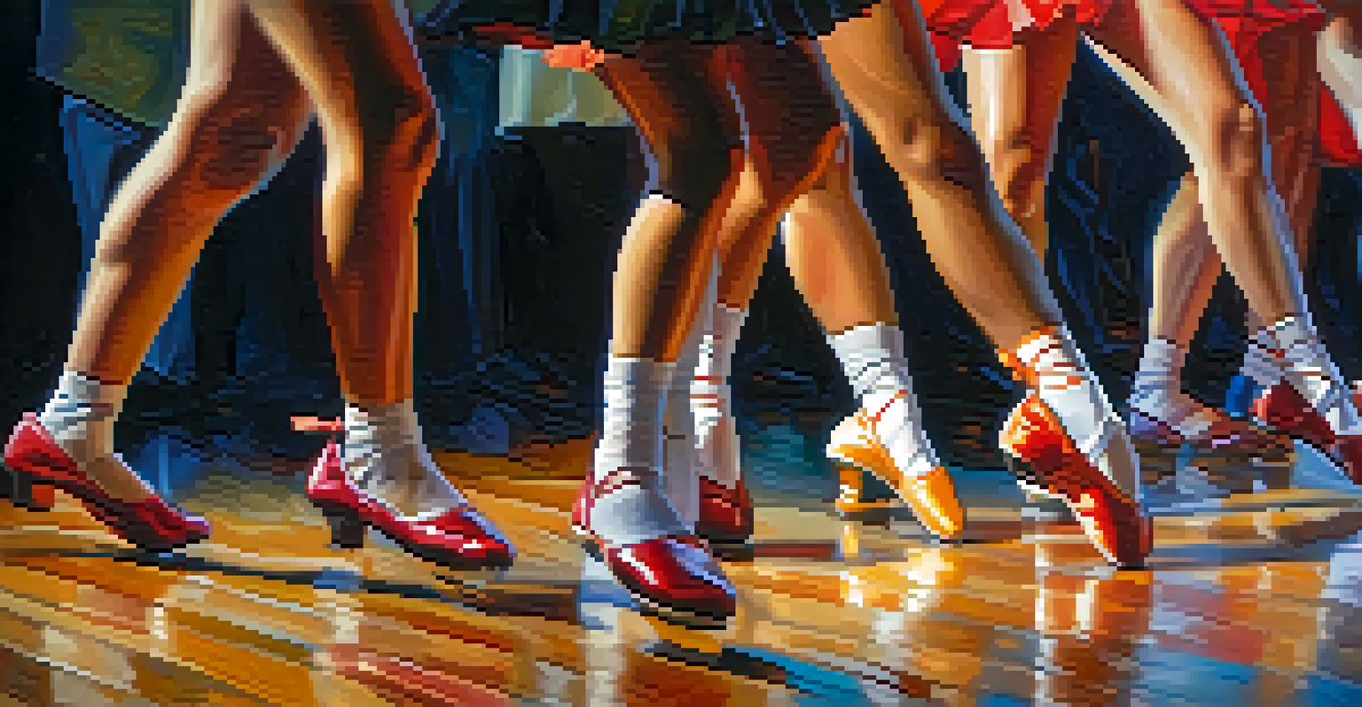 A close-up view of dancers' feet performing synchronized movements during a rehearsal, showcasing colorful shoes on a polished floor.