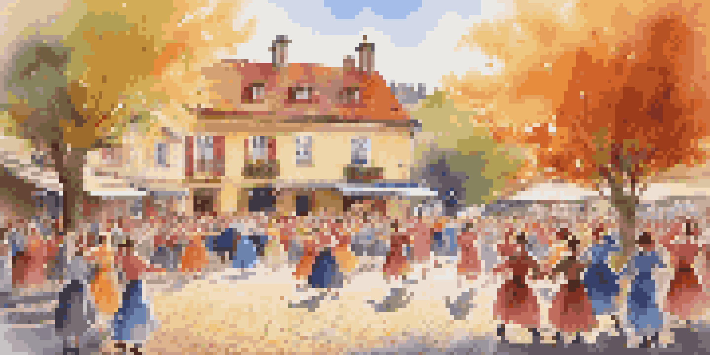 A group of dancers in colorful traditional costumes performing in a village square, surrounded by an audience and autumn leaves, under warm sunlight.
