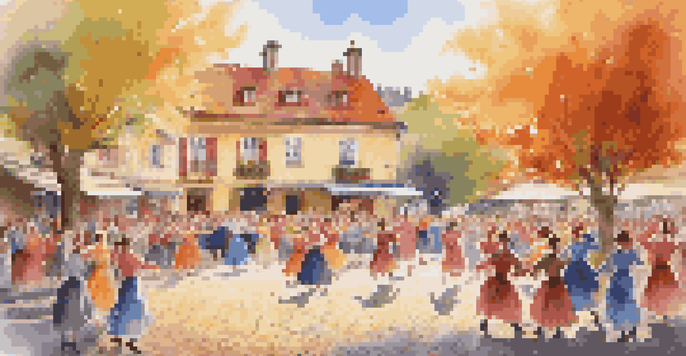 A group of dancers in colorful traditional costumes performing in a village square, surrounded by an audience and autumn leaves, under warm sunlight.