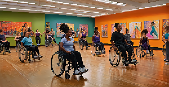 A diverse group of dancers, including those in wheelchairs and standing, practicing together in a colorful dance studio filled with warm lighting.