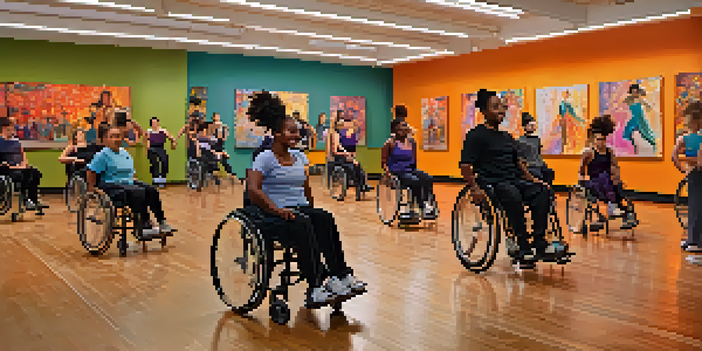 A diverse group of dancers, including those in wheelchairs and standing, practicing together in a colorful dance studio filled with warm lighting.