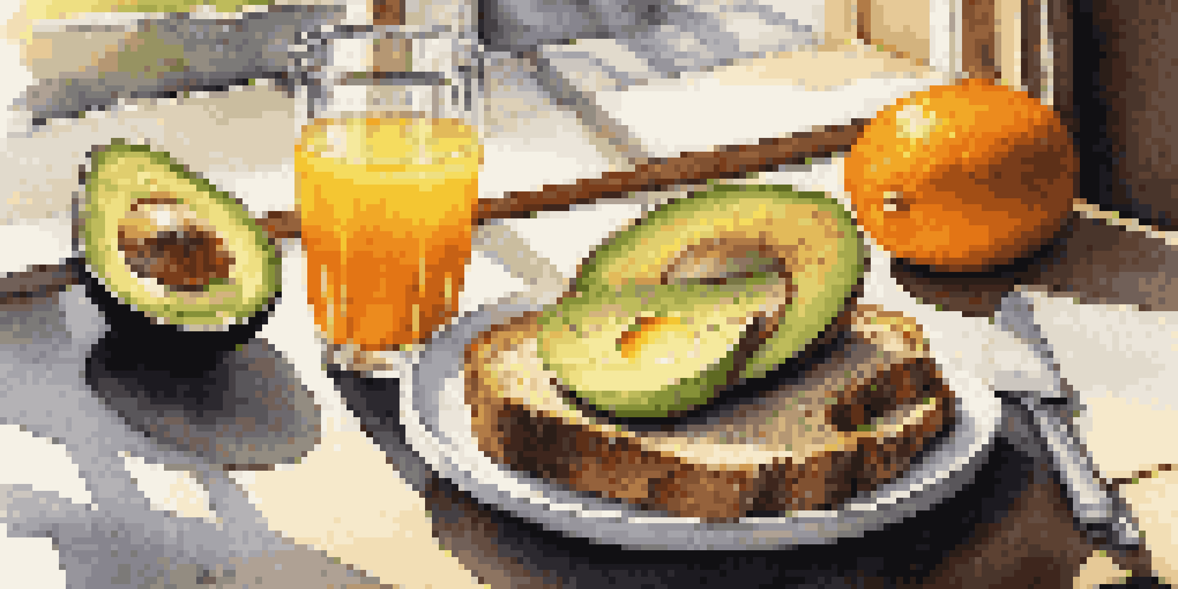 A breakfast spread with avocado toast, orange juice, and mixed nuts on a wooden table, illuminated by morning light.