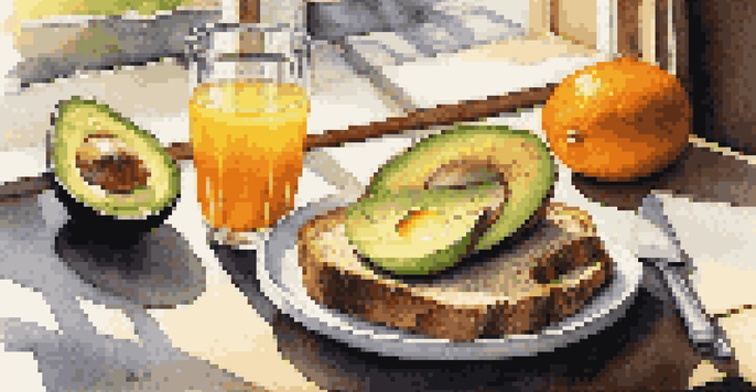 A breakfast spread with avocado toast, orange juice, and mixed nuts on a wooden table, illuminated by morning light.