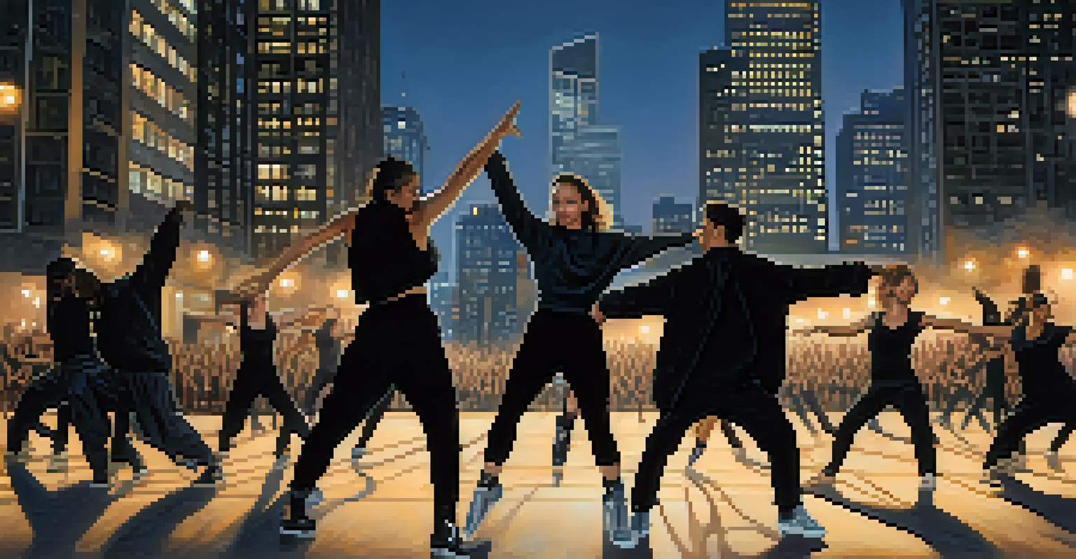 Dancers in black clothing performing a protest routine in an urban setting at dusk, with the city skyline in the background, conveying strong emotions and solidarity.
