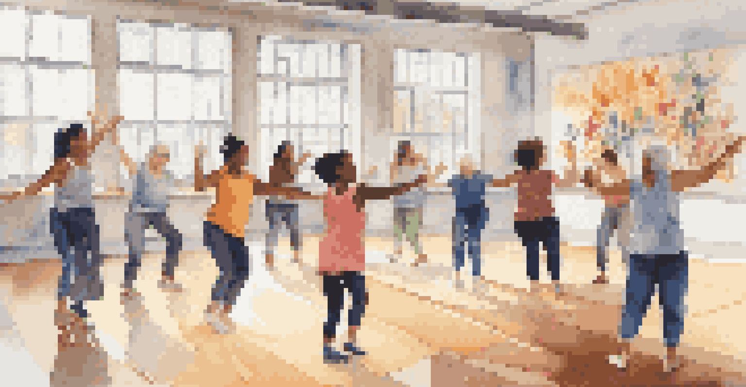 A lively community dance workshop in a bright studio with diverse participants enjoying movement together.