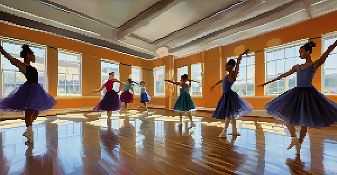 A diverse group of dancers practicing in a bright dance studio with mirrors and polished wooden floors.
