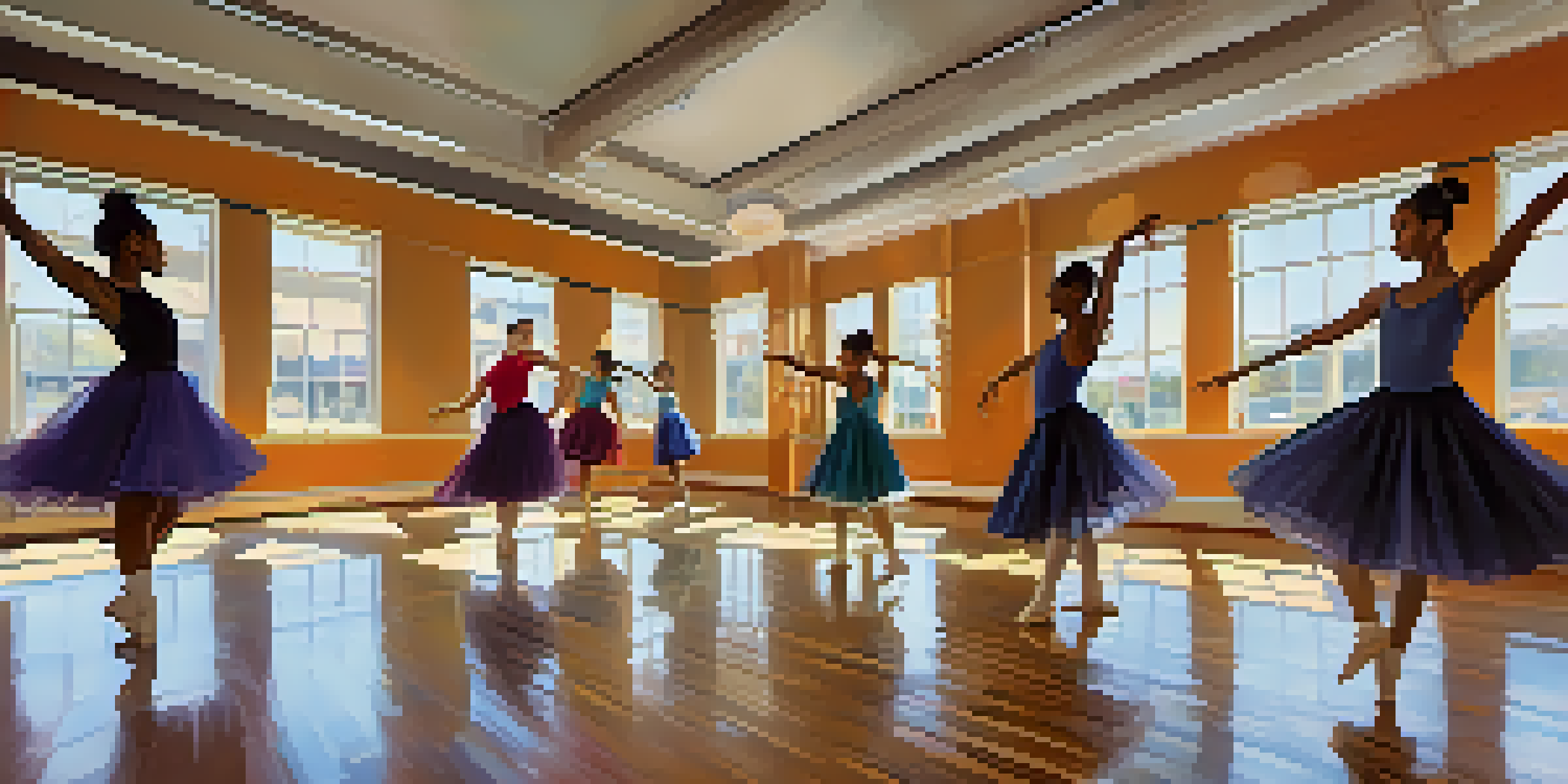 A diverse group of dancers practicing in a bright dance studio with mirrors and polished wooden floors.
