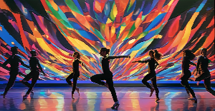 A choreographer leads dancers on stage with colorful lights and abstract visuals in the background.