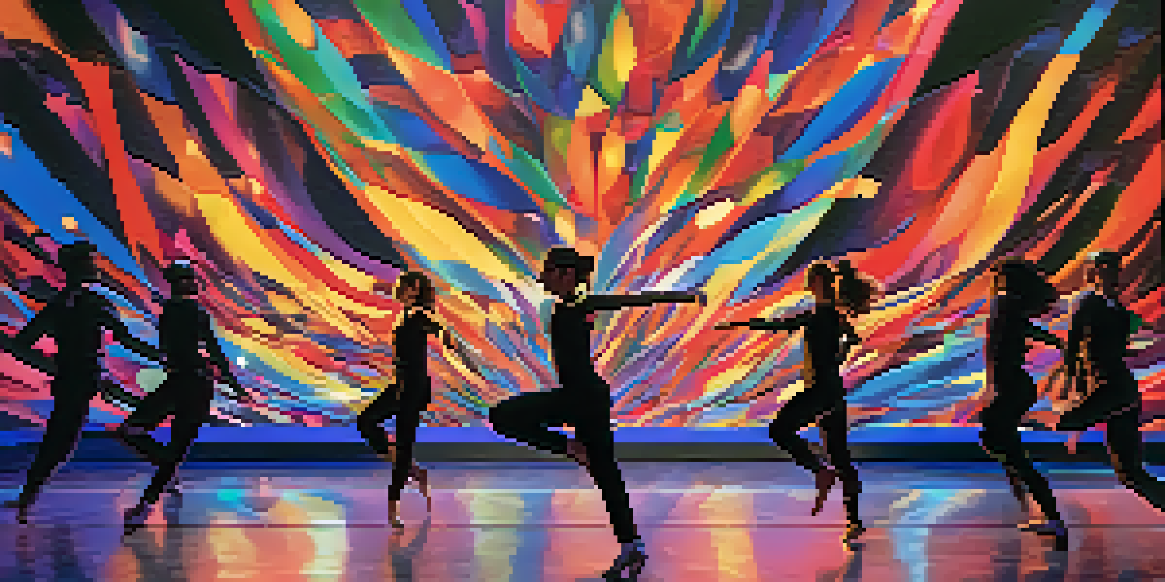 A choreographer leads dancers on stage with colorful lights and abstract visuals in the background.