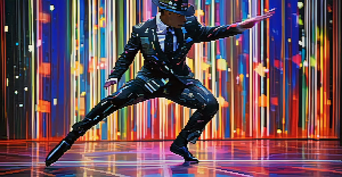 A contemporary dancer in a high-tech suit leaps elegantly on stage, with glowing patterns and lights in the background.