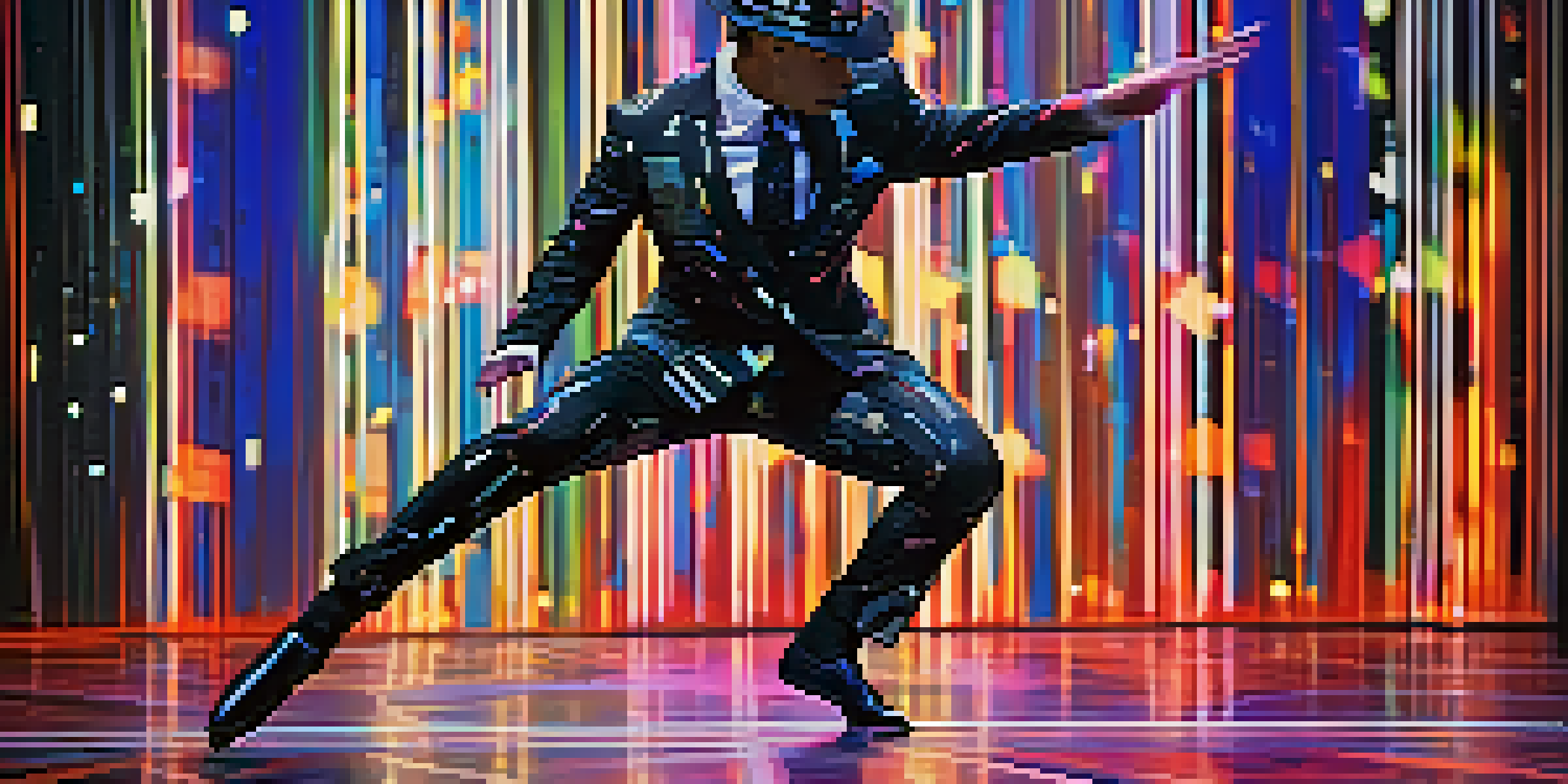 A contemporary dancer in a high-tech suit leaps elegantly on stage, with glowing patterns and lights in the background.
