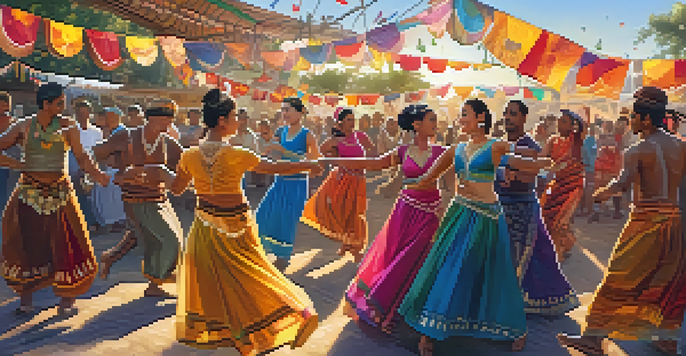 A lively outdoor dance festival with people of different cultures dancing, colorful decorations, and a sunset in the background.