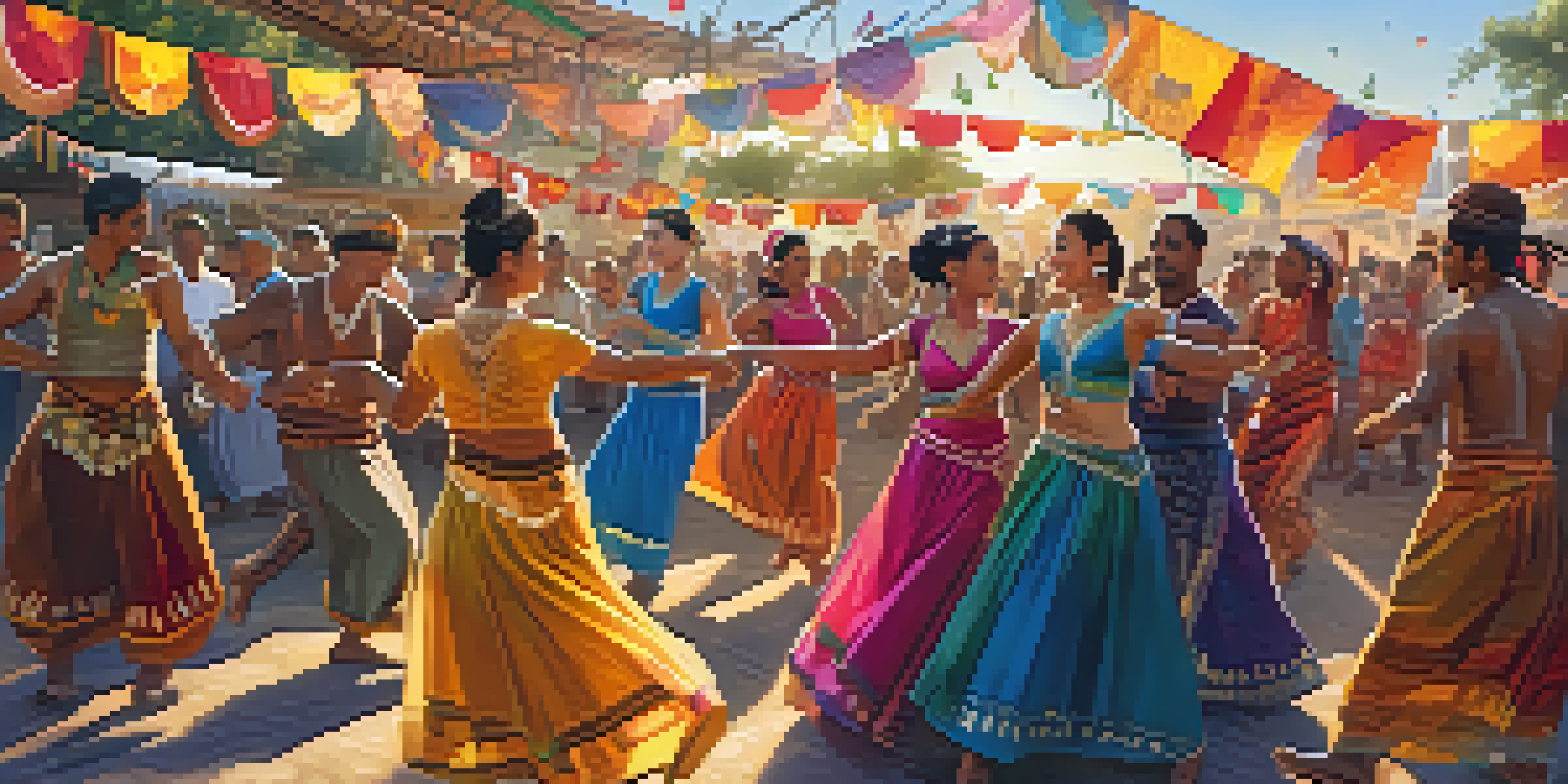 A lively outdoor dance festival with people of different cultures dancing, colorful decorations, and a sunset in the background.