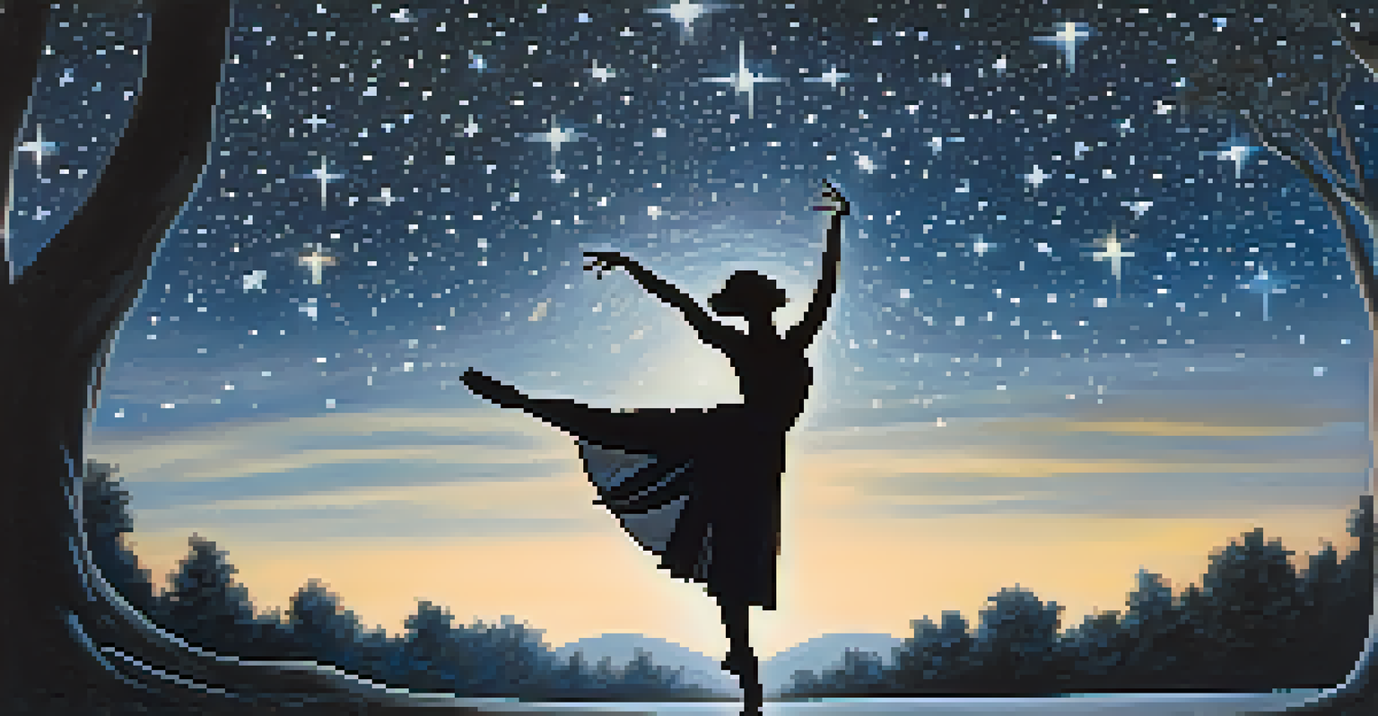 A dancer performing under a starry night sky, with silhouettes of trees creating a serene atmosphere.