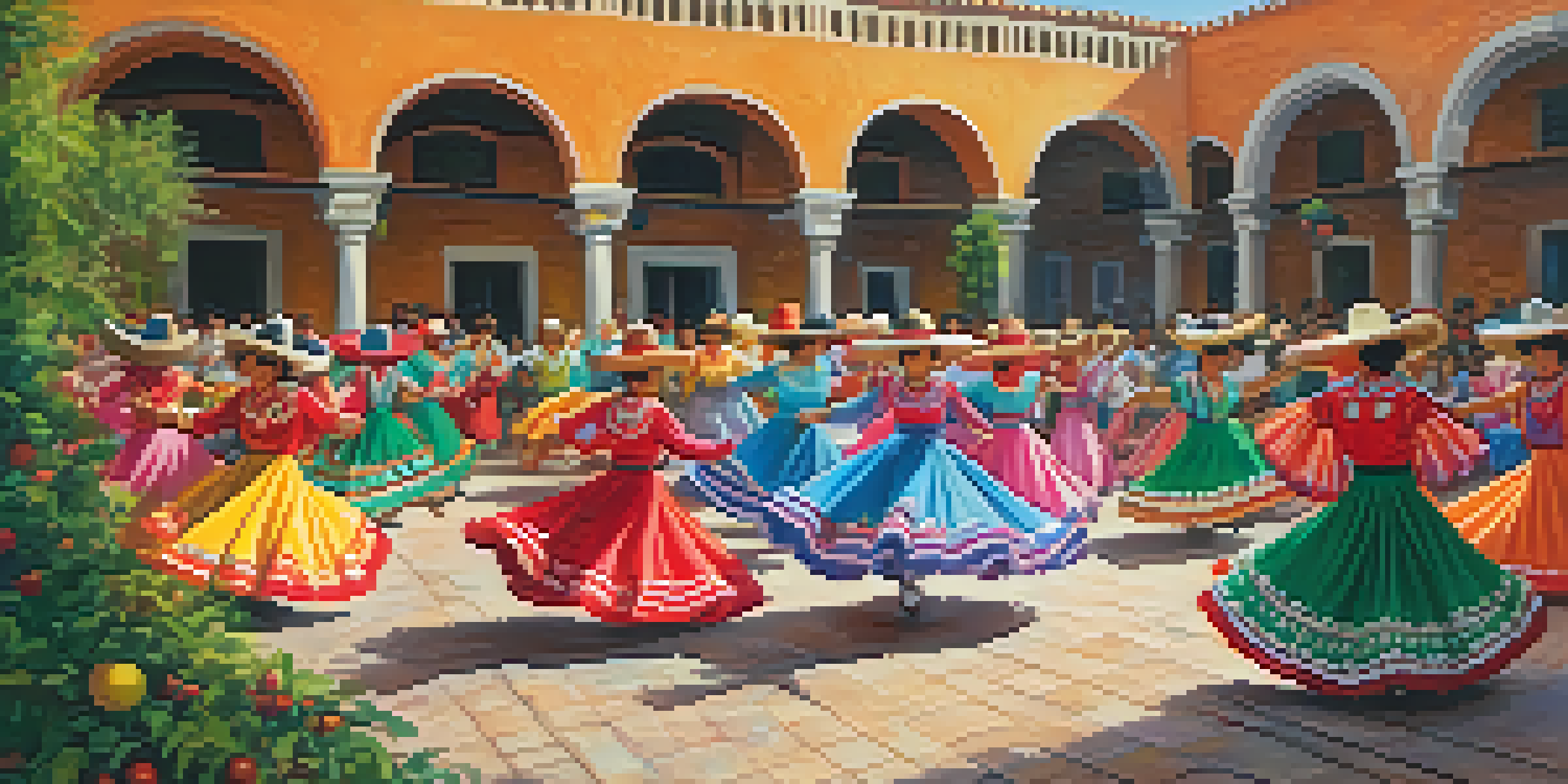 A lively folk dance in an outdoor plaza, with dancers in traditional Mexican clothing, showcasing colorful skirts and joyful expressions.