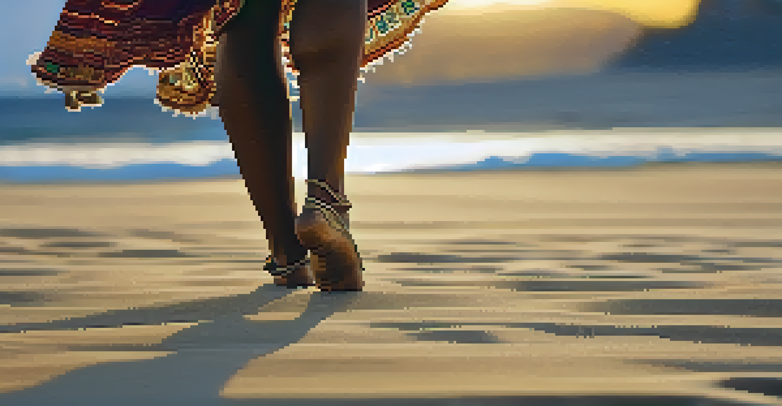 Close-up of a dancer's feet moving over sandy ground, showcasing traditional footwear and a warm sunset background.