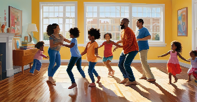 A diverse family joyfully participating in dance therapy in a bright, sunlit studio, with colorful artwork on the walls and large windows letting in warm light.