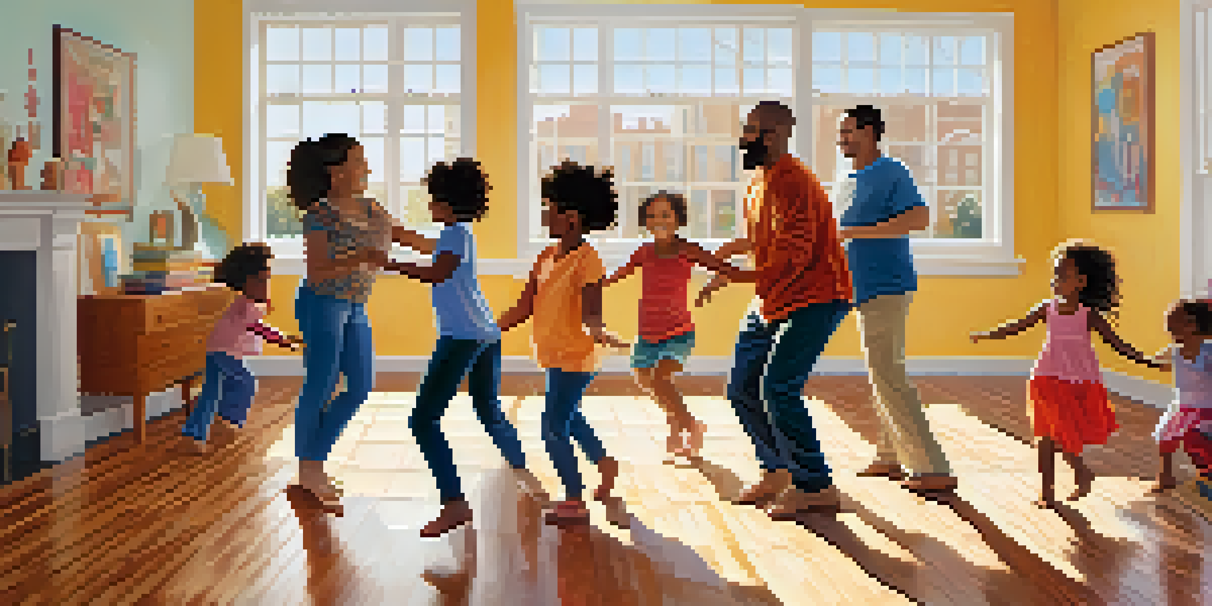 A diverse family joyfully participating in dance therapy in a bright, sunlit studio, with colorful artwork on the walls and large windows letting in warm light.