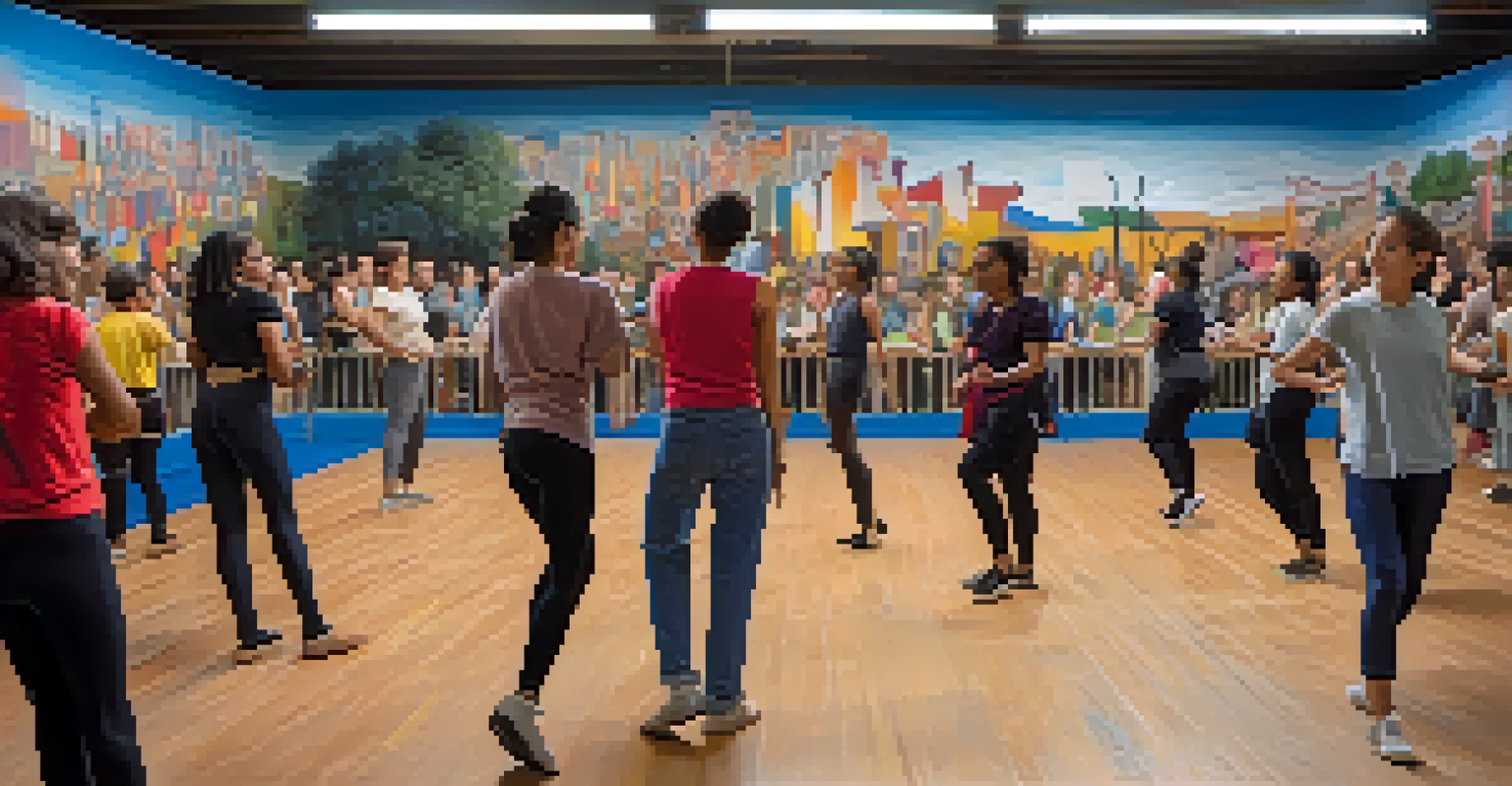 A dance workshop at a festival with a diverse group of participants learning from an instructor, set against a backdrop of murals related to social justice.
