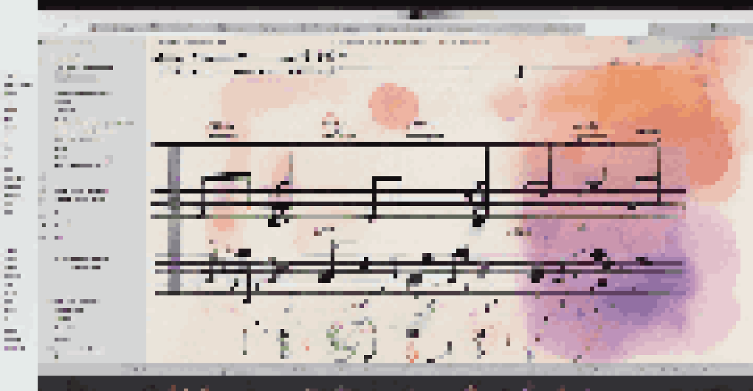 A close-up of a digital dance notation software interface on a computer screen, with colorful notations and sketches in the background.