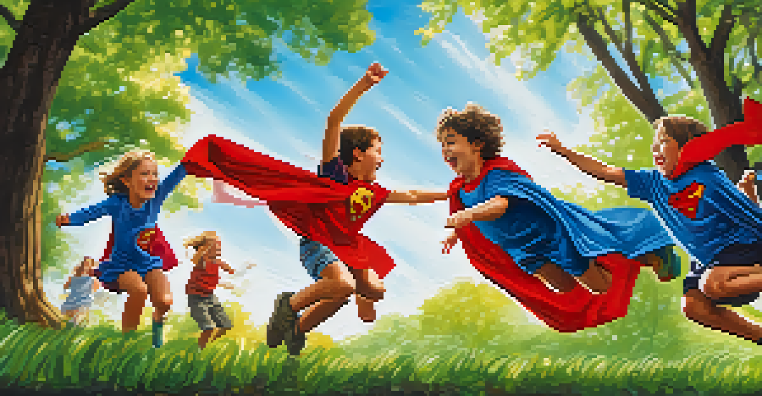 Children playing in a park, dressed as superheroes and jumping joyfully, surrounded by nature under a clear blue sky.
