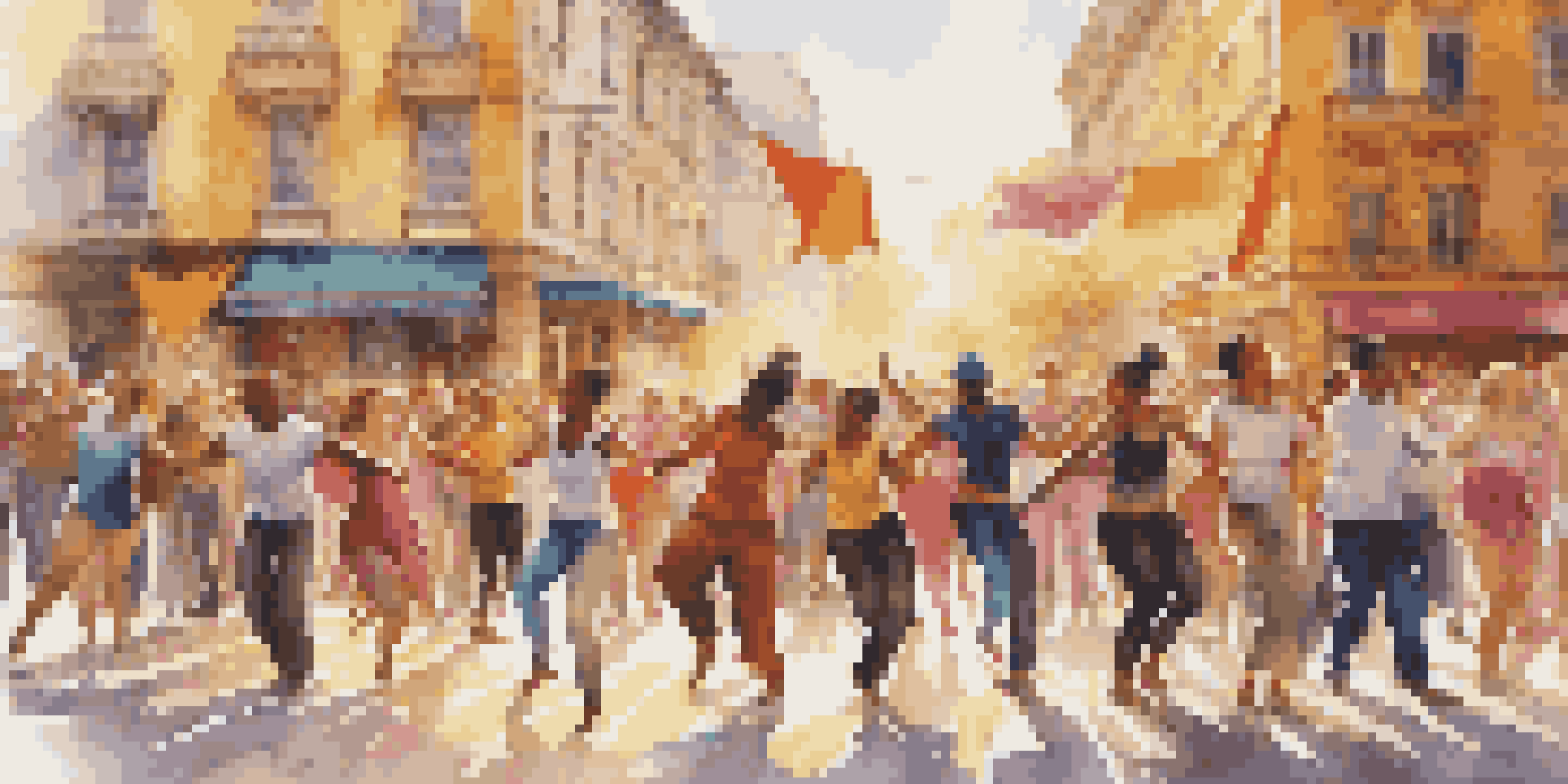 A lively city square filled with dancers and an audience enjoying a spontaneous performance, surrounded by colorful decorations and warm sunlight.