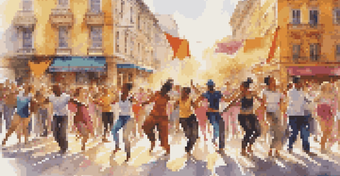 A lively city square filled with dancers and an audience enjoying a spontaneous performance, surrounded by colorful decorations and warm sunlight.